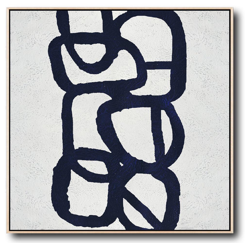 Minimalist Navy Blue And White Painting - Modern Paintings For Sale Large